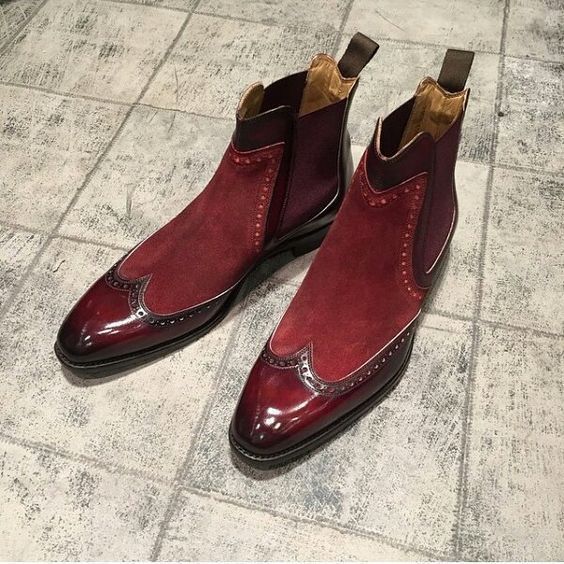 High Ankle Boots Men's Burgundy Suede Leather Derby Toe Premium Quality Handmade