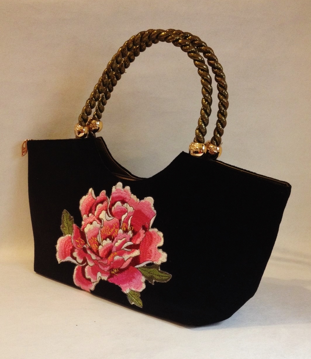 Primary image for Medusa Black Velour Purse Pink Flower Floral Embroidery Gold Bronze Trim Handbag