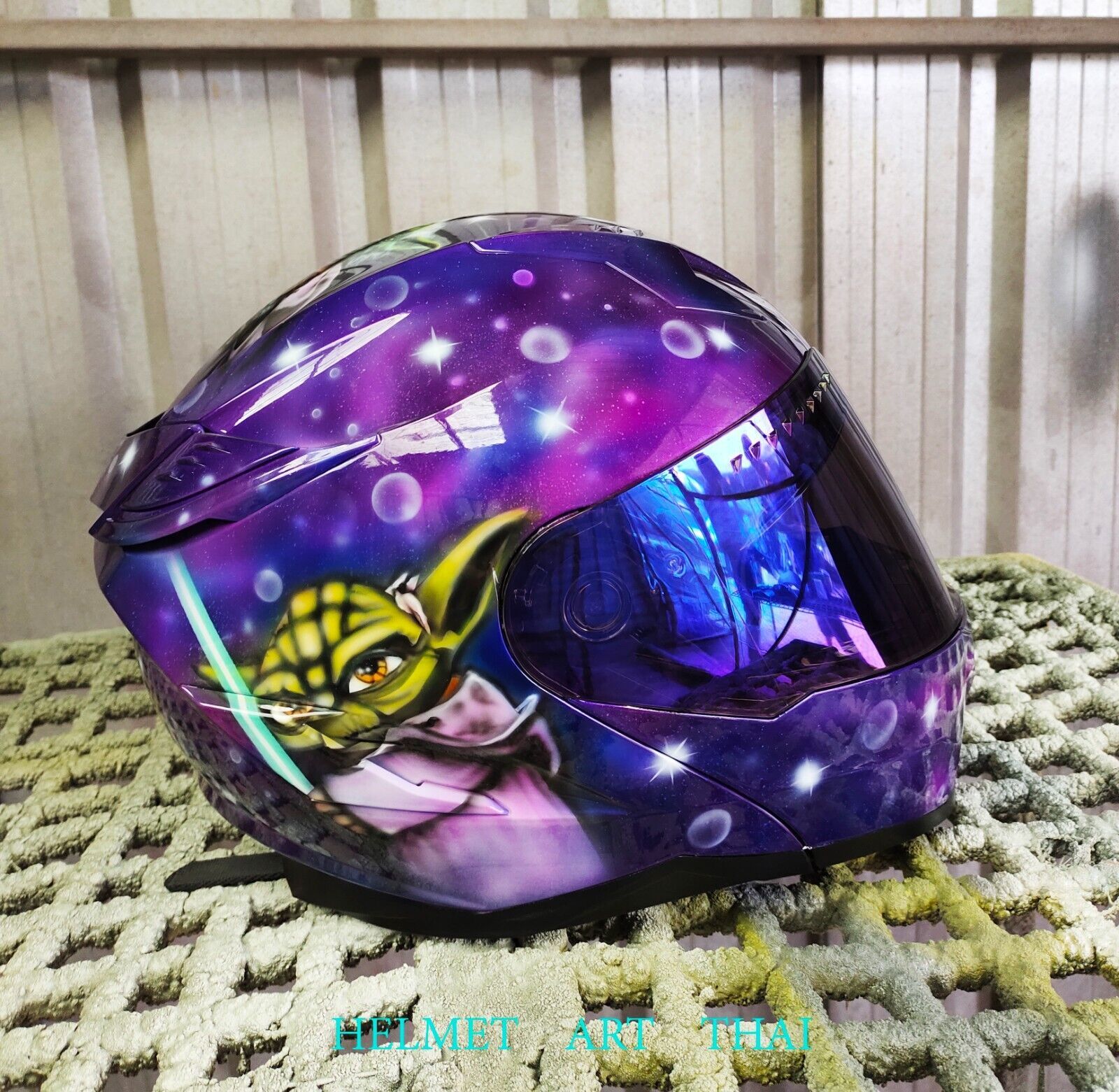 STAR WARS , MASTER YODA , BABY YODA CUSTOM MOTORCYCLE HELMET