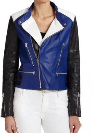 New Handmade Woman's Leather Biker Jacket, Blue Black White Woman's ...