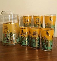 Vintage Mod Pitcher Juice Set 6 Glasses Butterfly Flower Power Orange Gr... - $79.99