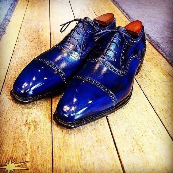 Men Oxford Shiny Blue Color Rounded Cap Toe Patent Genuine Leather Lace up Shoes