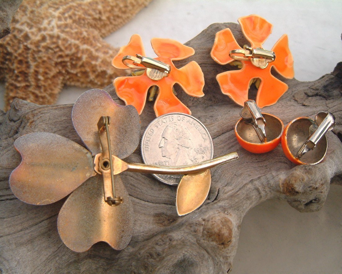 Vintage Lot Metal Flower Stem Pin Brooch Earrings Enamel Orange Yellow