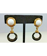 Signed Vintage Monet Gold Tone Black and White Drop Dangle Clip On Earrings - $149.99