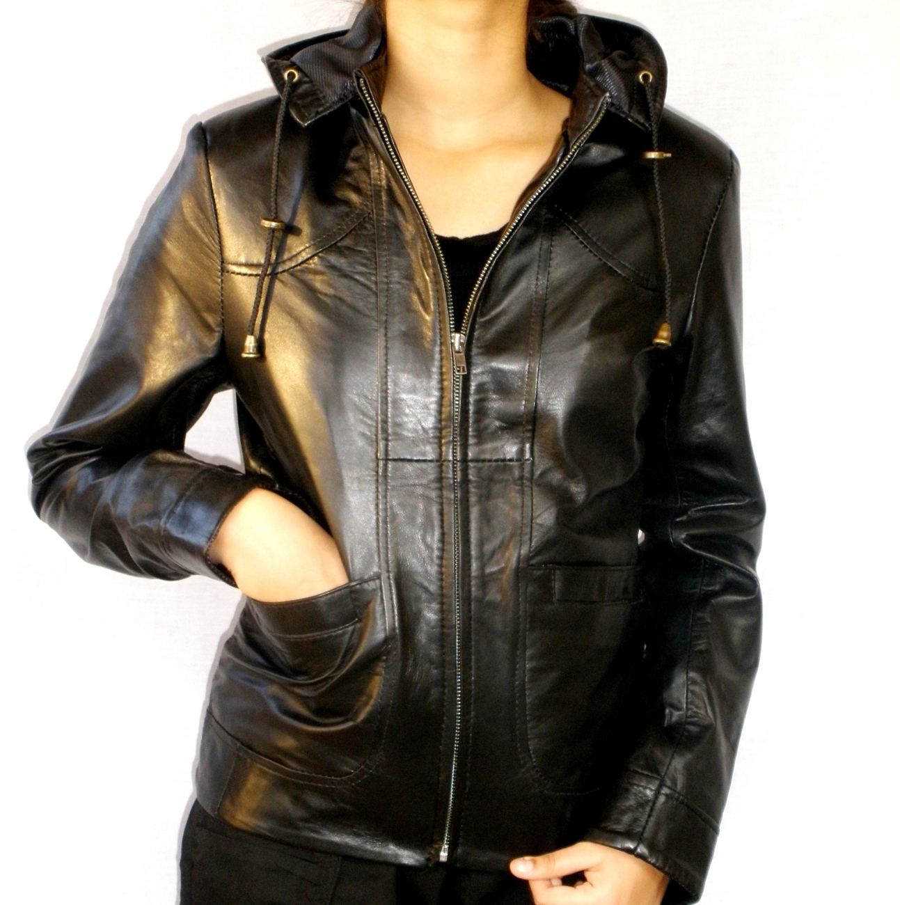 NWT Women's Removable Hooded Leather Jacket Style 9F Coats & Jackets