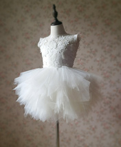 WHITE Lace Tutu High Waist Dress White Knee Length Wedding Flower Girl Dress NWT image 8