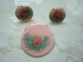 Vintage Pink Ceramic Pin ~ Brooch and Earrings ~ Floral Desi - £10.01 GBP