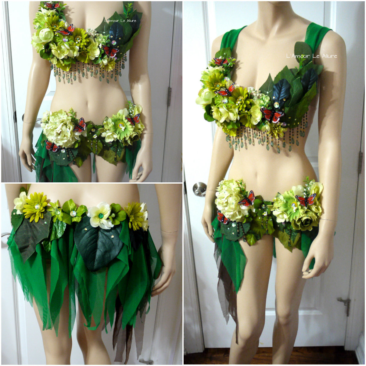 Green Forest Flower Fairy Rave Bra Halloween Costume Dance Show Girl