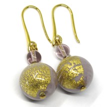 PENDANT EARRINGS PURPLE MURANO GLASS SPHERE & GOLD LEAF, 4.5cm, MADE IN ITALY image 1