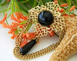 Vintage filigree chain brooch pin black cabochon gold tone thumb200
