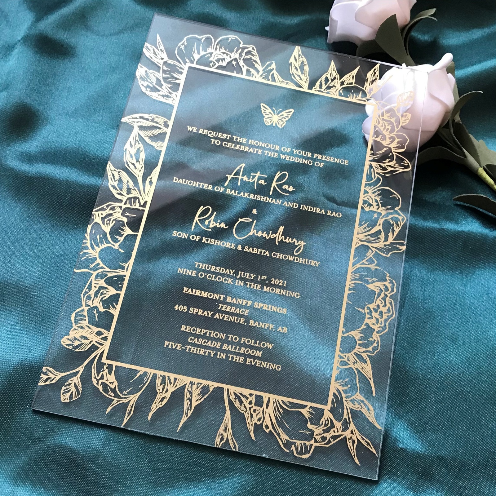 Gold Ink 10pcs Acrylic wedding invitations with Printed Pocket envelopes