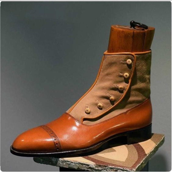 Handmade Men Tan brown button boot, Men tan cap toe ankle boots Men button boots