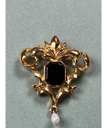 Vintage Avon Signed Ornate Goldtone w Octagon Black Glass &amp; Freshwater P... - $13.09