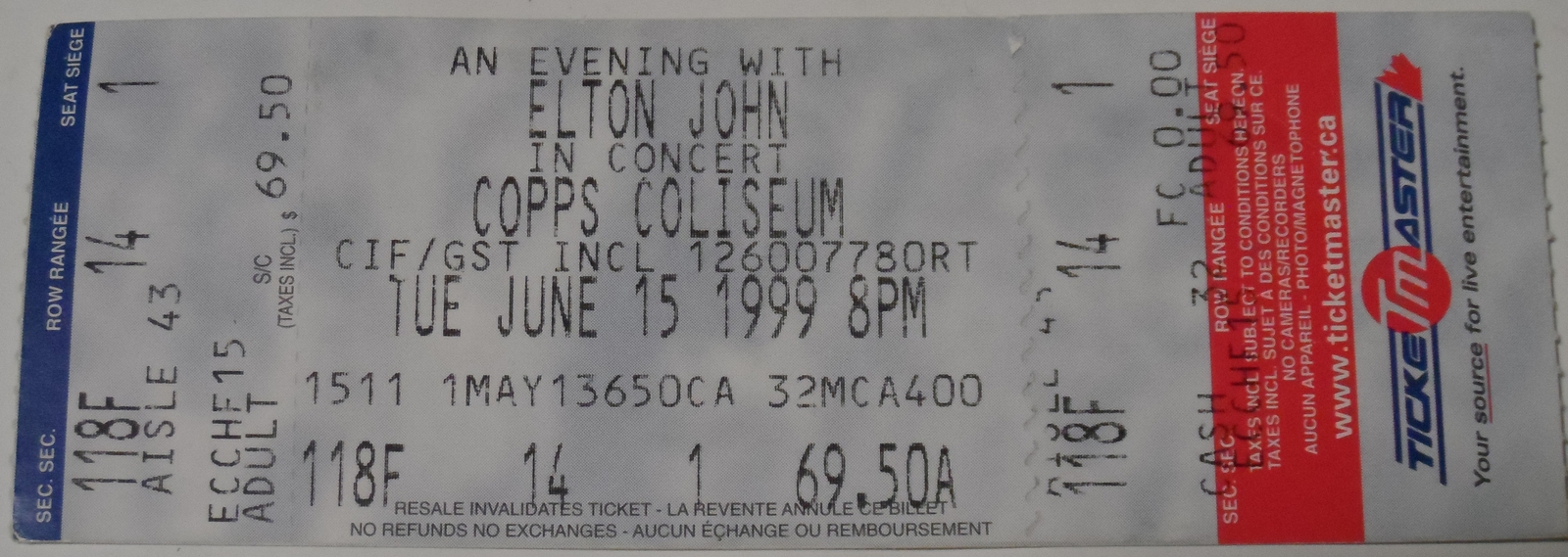 ELTON JOHN 1999 Full Ticket Stub Hamilton Copps Aud Mint Condition Canada Rocket