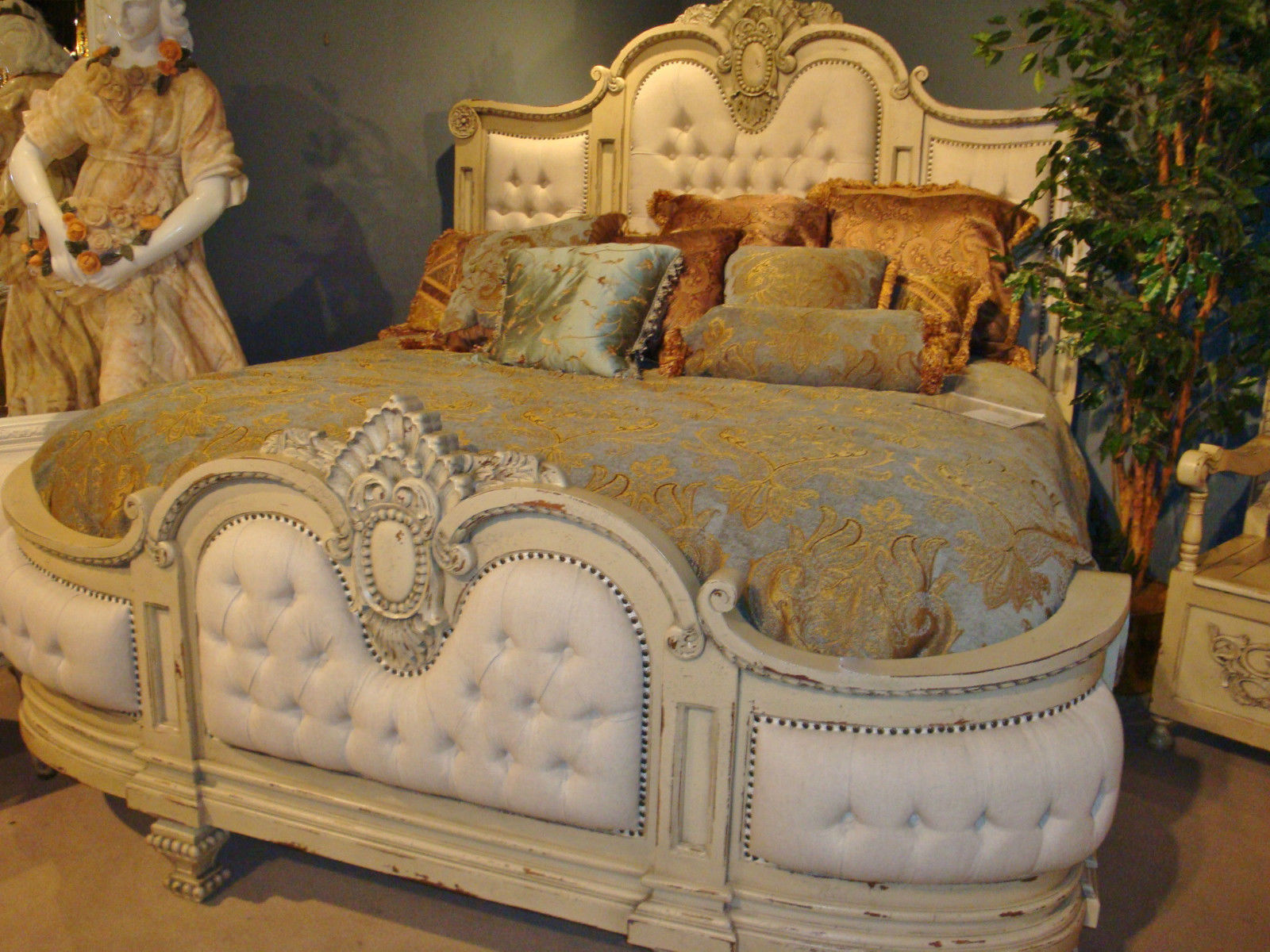 French Country Stunning Carved Solid Mahogany Wood Tufted Linen King