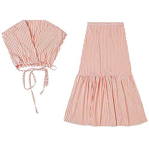 Fashion Sweet Striped Print Hem Pleat Ruffles A Line Skirt Female Back Side Zipp