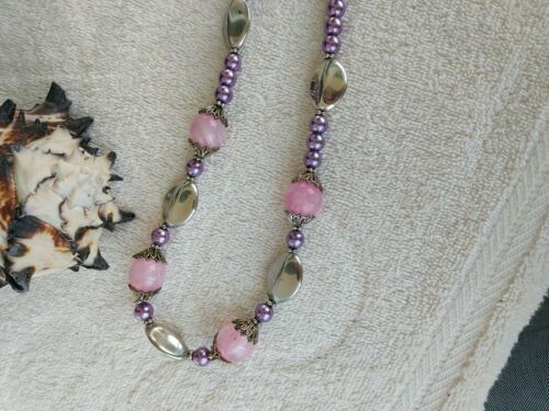 Vintage Necklace Pink Stone and Purple Pearl Beads -Crown Filigree Bead Caps 16" - $64.35