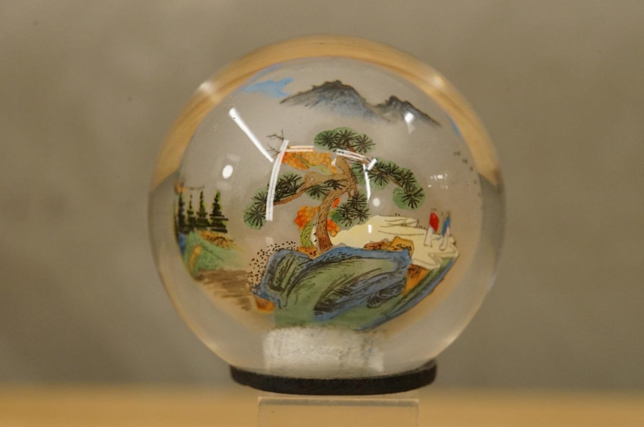 Vintage Asian Art Round Dome Glass Paperweight Japan Reverse Painted