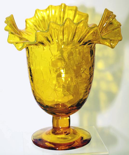 Stemmed Opalescent Lemon Yellow Crackle Glass Vase Blenko Double Ruffle