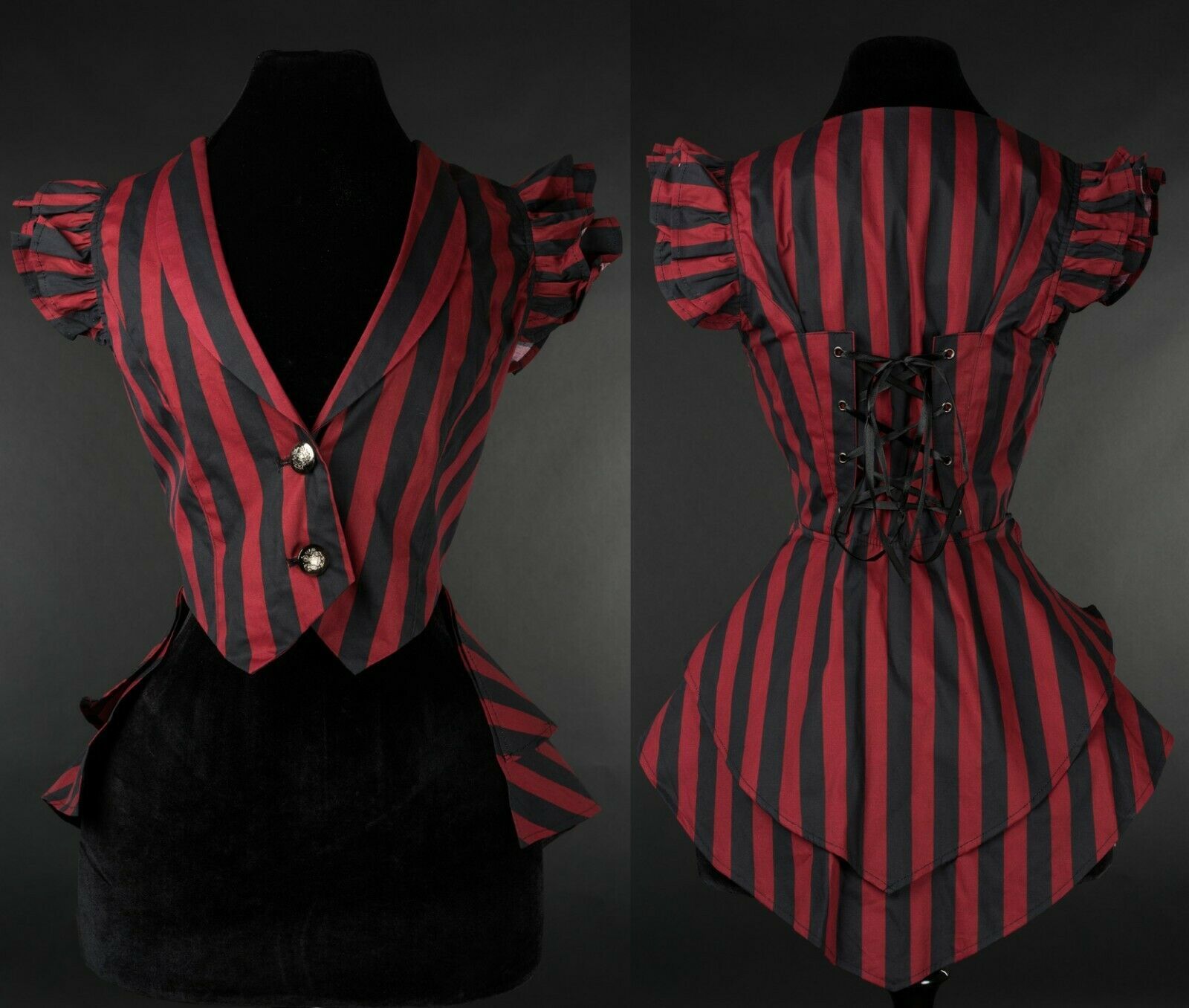 Red Black Striped Victorian Gothic Corset Back Vest Steampunk Frilled ...