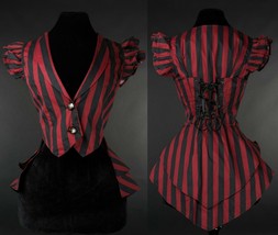 Red Black Striped Victorian Gothic Corset Back Vest Steampunk Frilled Wa... - $66.65
