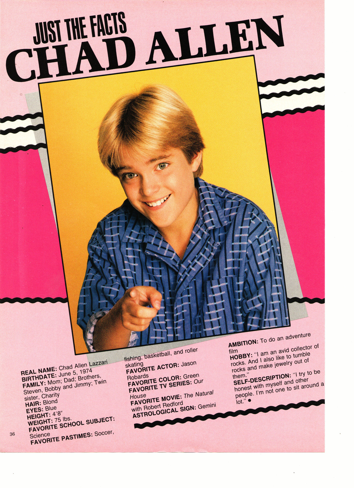 Chad Allen Teen Magazine Pinup Clipping Double Sided Facts About Him ...