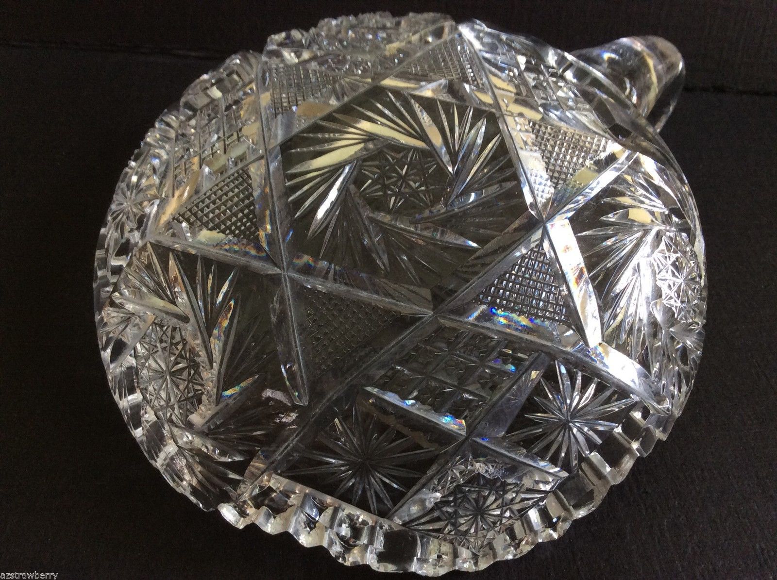 VTG AMERICAN BRILLIANT CLEAR CRYSTAL CUT GLASS HANDLED NAPPY DISH 5" pinwheel Pottery & Glass