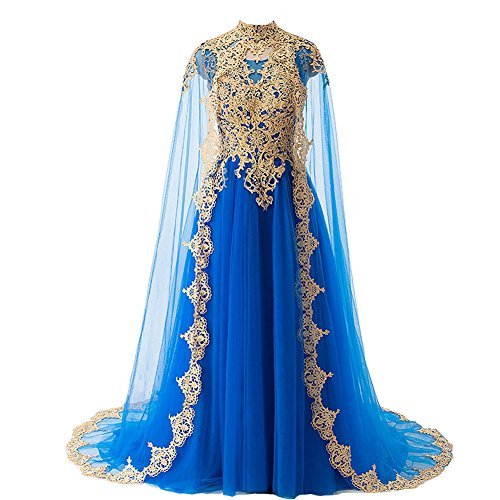 Gold Lace Vintage Long Prom Evening Dresses Wedding Gowns with Cape Royal Blue U