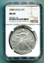 2008 American Silver Eagle Ngc Ms 69 New Brown Label Premium Quality MS69 Pq - $51.95