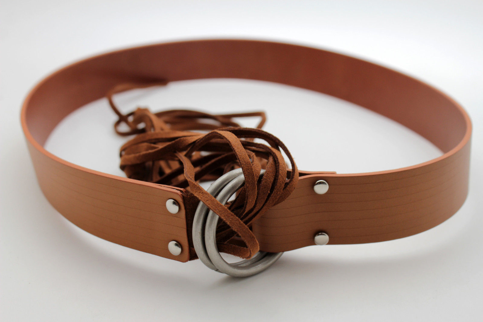 Women Brown Faux Leather Waistband Stripes Long Fringes Western Tie