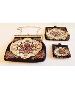 (3) Vintage Matching NEEDLEPOINT Black/Gold Floral Tapestry Purse, Clutc... - $105.00