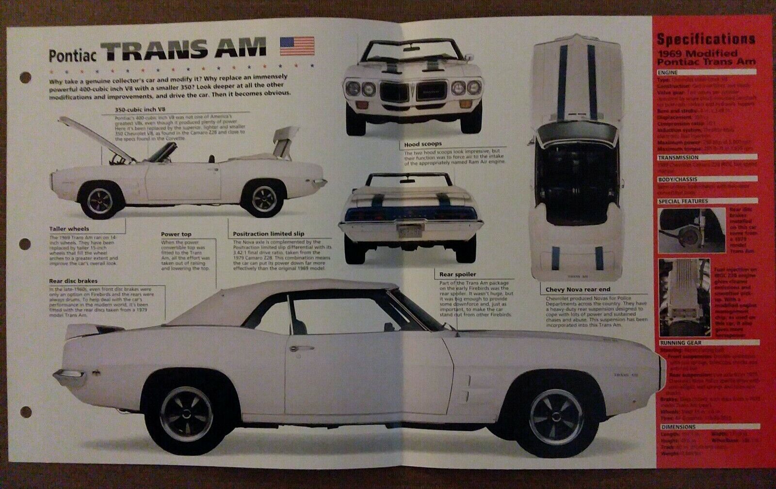 Pontiac Trans Am SPECIFICATION SHEET Brochure Pamphlet 1969 Spec ...