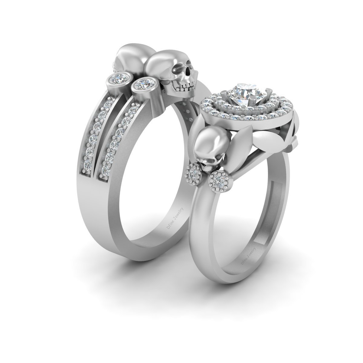 Matching Diamond Skull Engagement Ring Set His and Her Skull Couple Set Silver