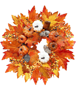 15&quot; Fall Wreath Thanksgiving Decorations For Front Door With Pumpkins NEW - $20.30