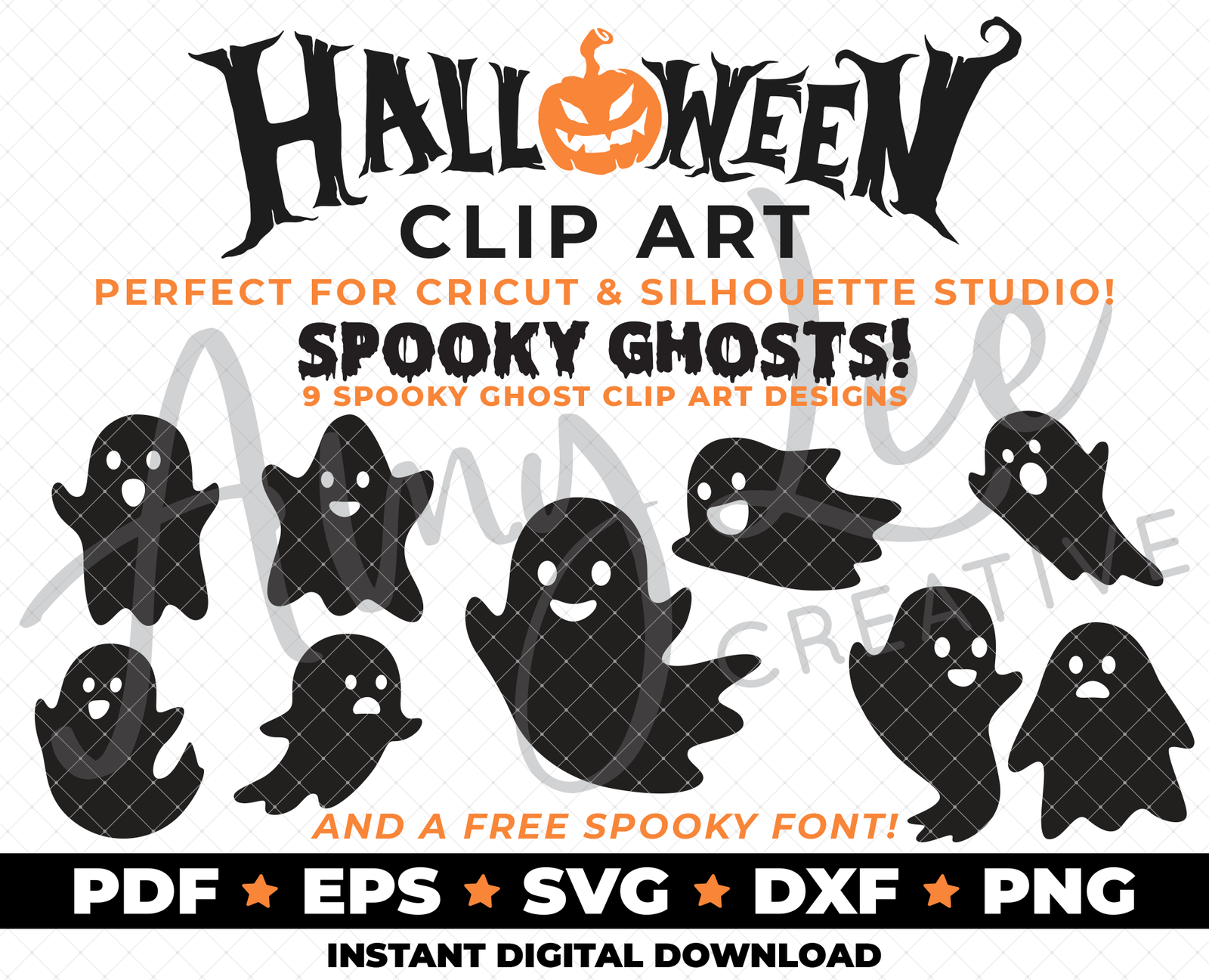 Primary image for SALE: Halloween Clip Art: 9 Spooky Ghosts Plus FREE Font