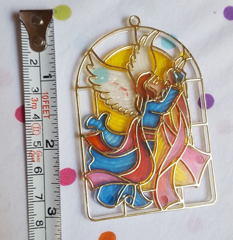 stained glass Angel with trumpet suncatcher plastic Christmas vintage