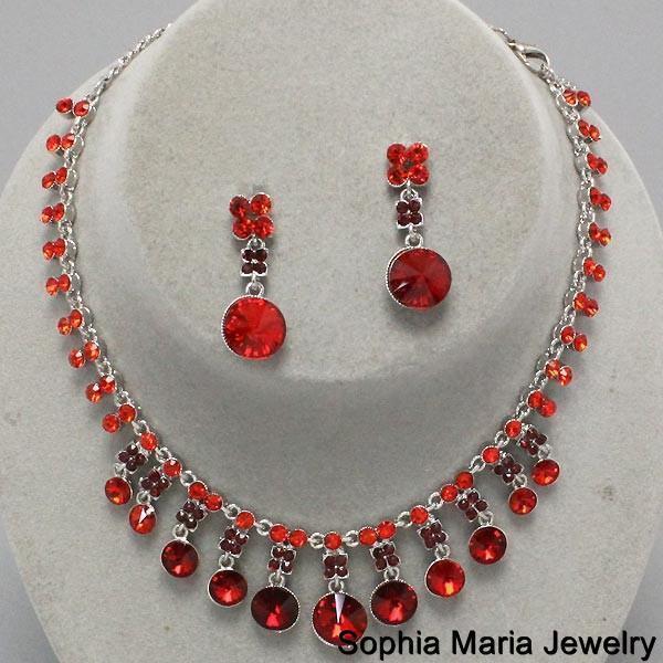 Red dangle crystal necklace earring set bridesmaid wedding party evening jewelry - $19.14