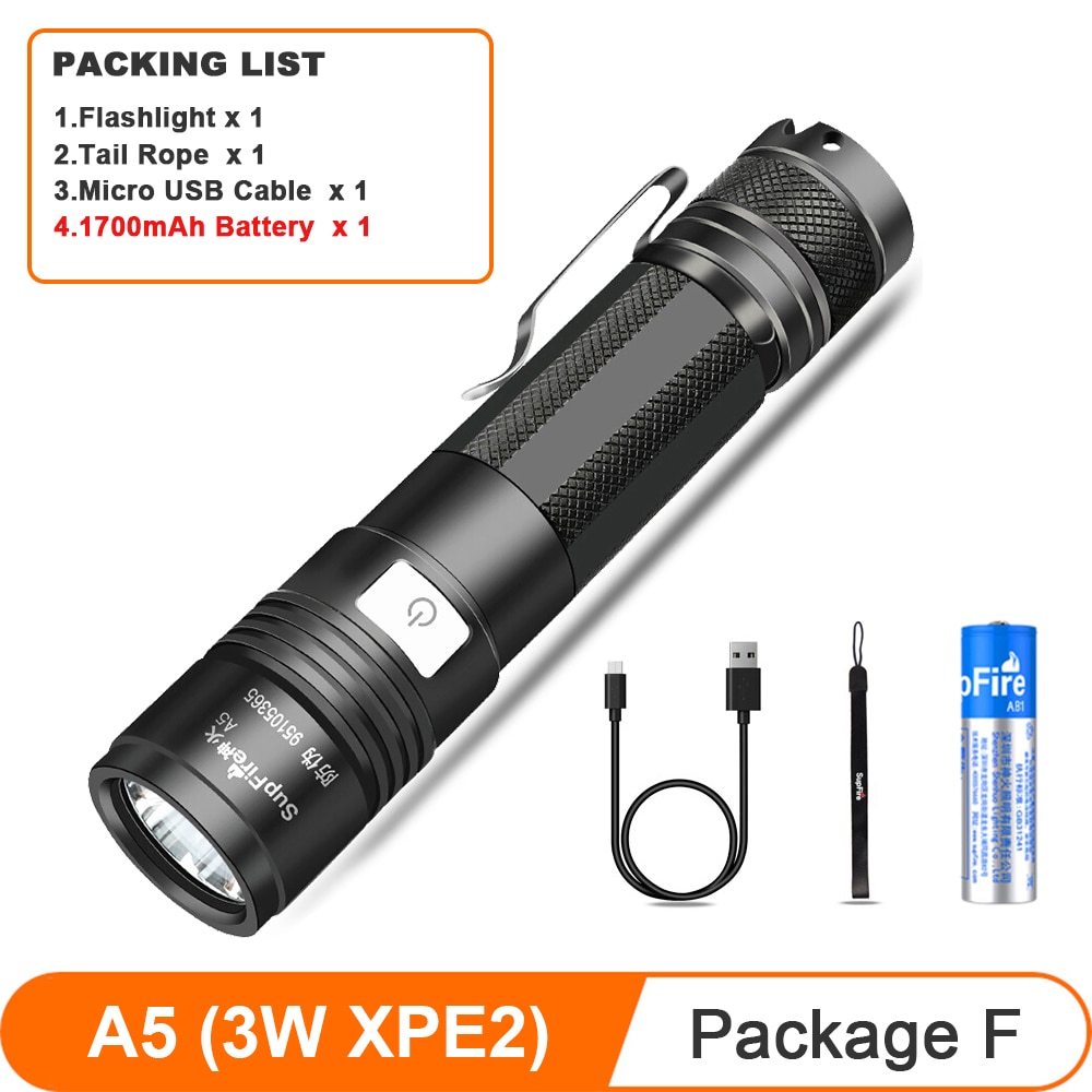 SupFire A5 LED flashlight CREE Wick USB Rechargeable 18650 Battery Camping Fishi