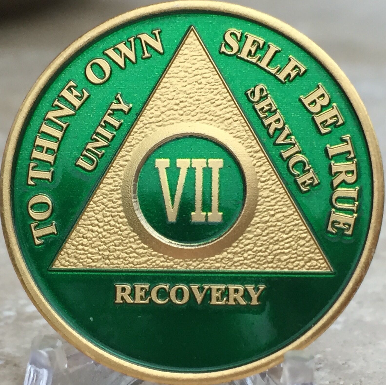 7 Year AA Medallion Green Gold Plated Alcoholics Anonymous Sobriety Chip Coin