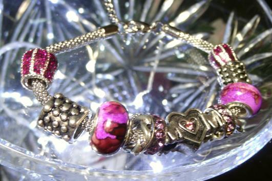 European Charm Bracelet "Love Mom" Pink/Purple on Silver Color - $16.99