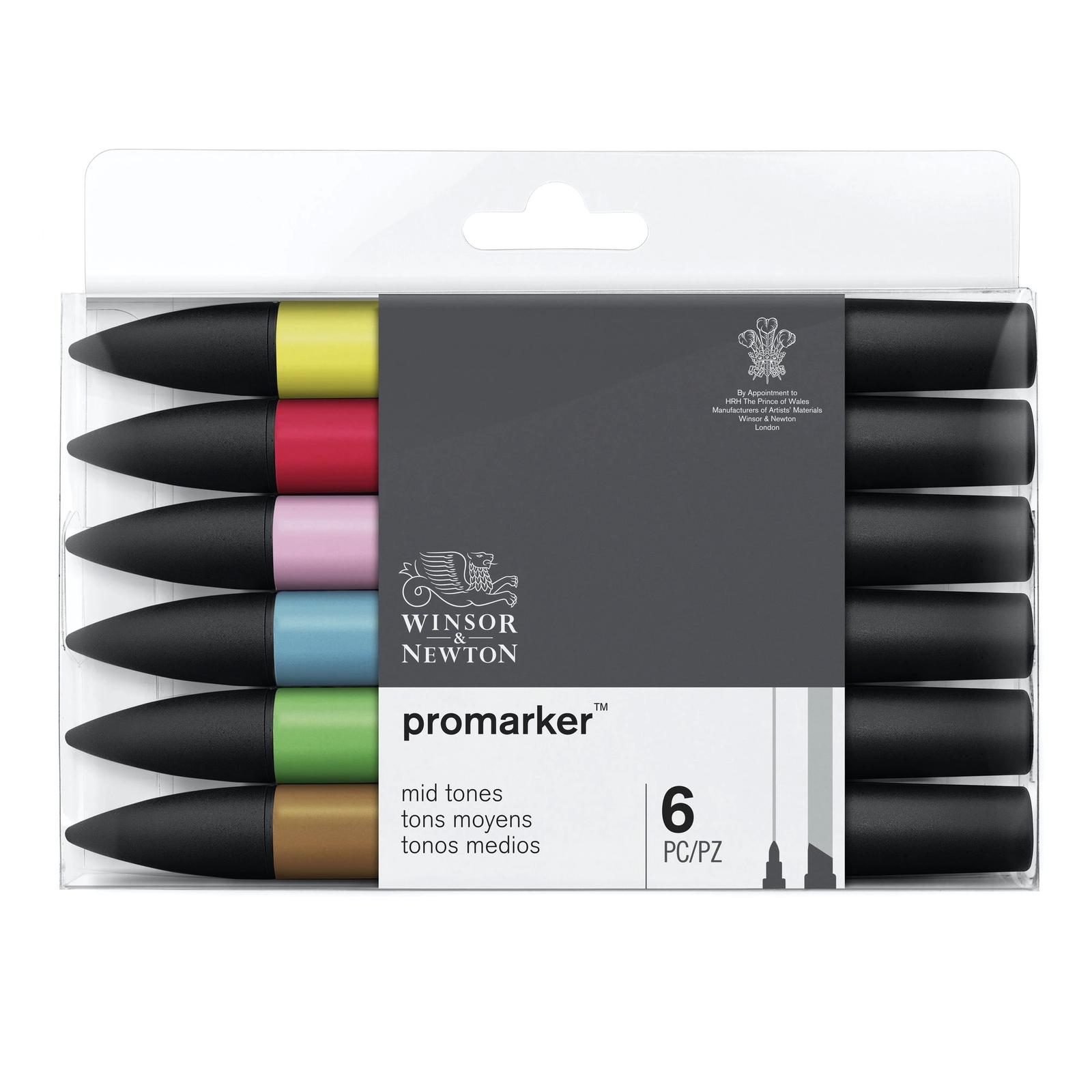 Winsor & Newton Promarker 6 Pen Pro Marker Set Mid Tones, 0290112