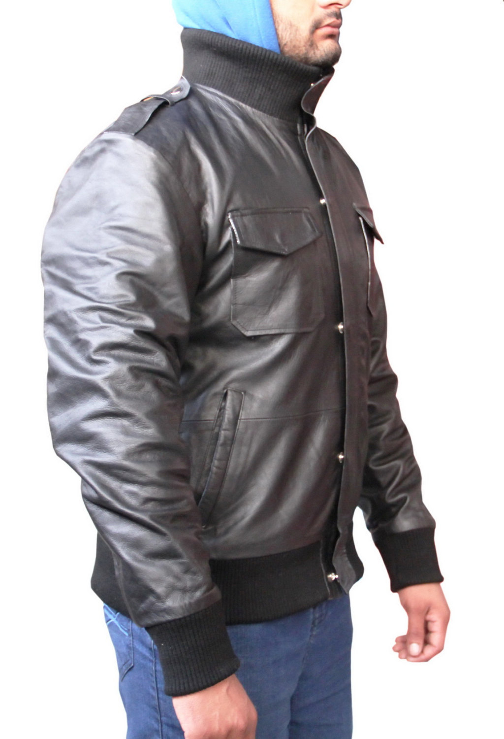 Men Black Rib Classic Leather Jacket Outerwear