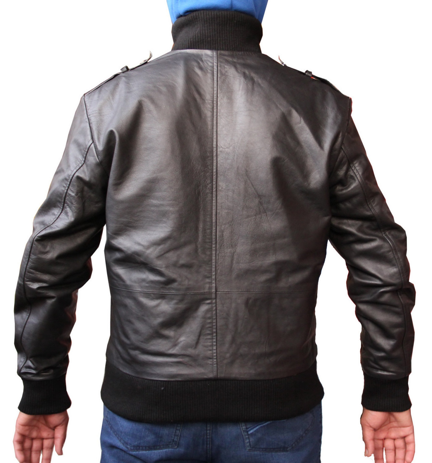 Men Black Rib Classic Leather Jacket - Outerwear