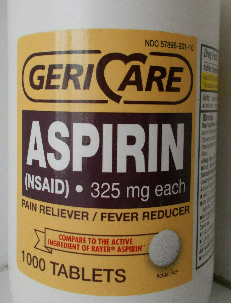 GeriCare Aspirin 1000 325mg Tablets Pain & Fever Reliever Sealed BB 05