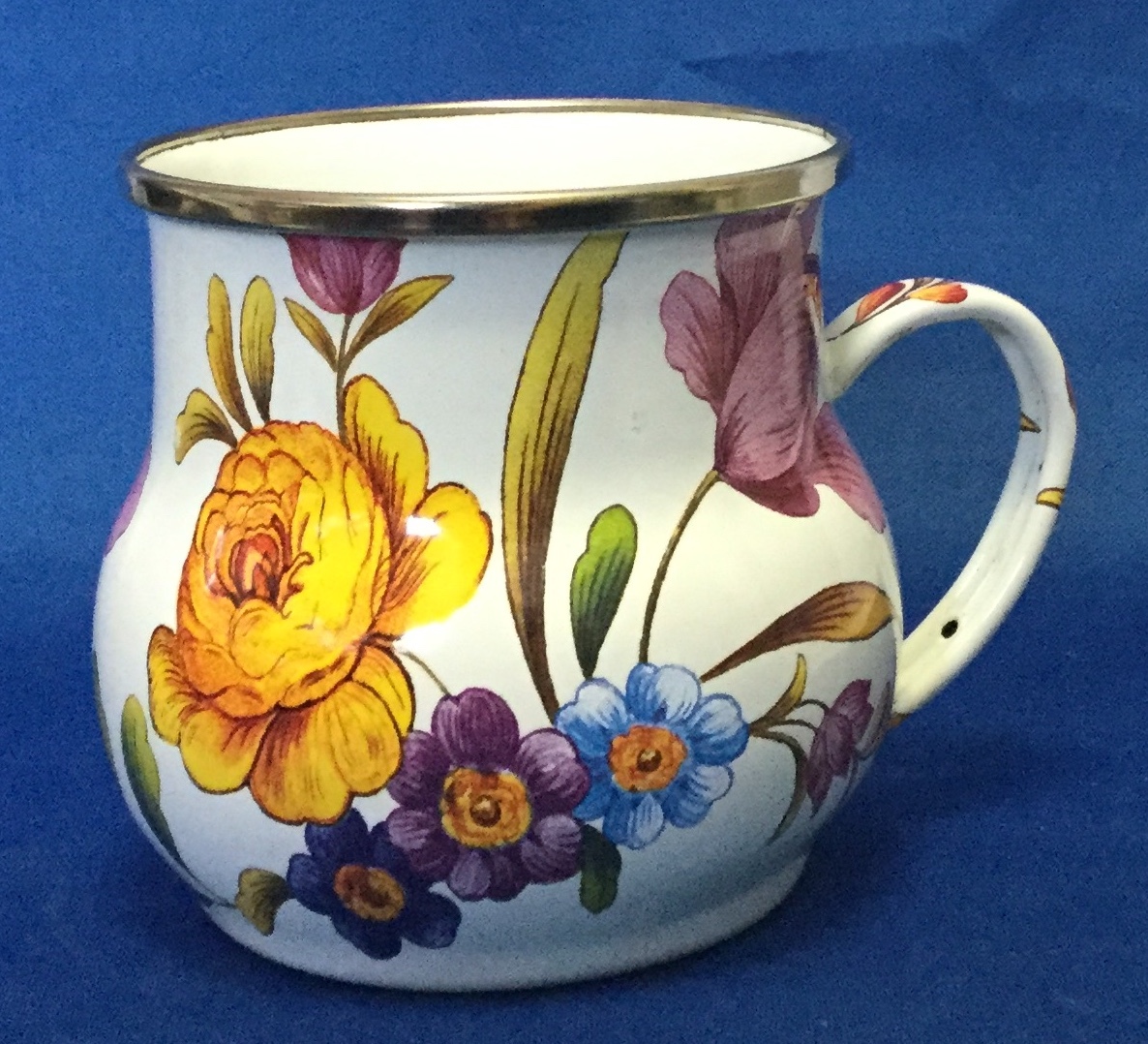 MacKenzie-Childs 16 Ounce White Flower Market Enamel Mug 3.5 inches 