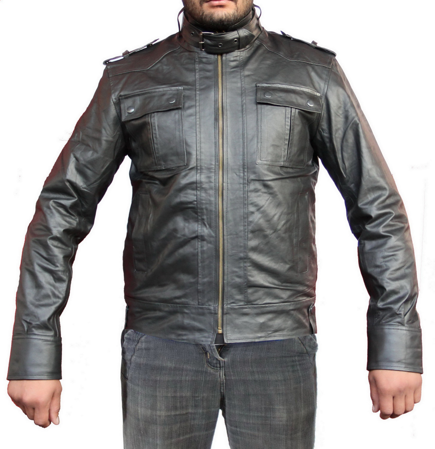 Handmade New Men Strap Pocket Stylish Slim Fit Leather Jacket, Leather