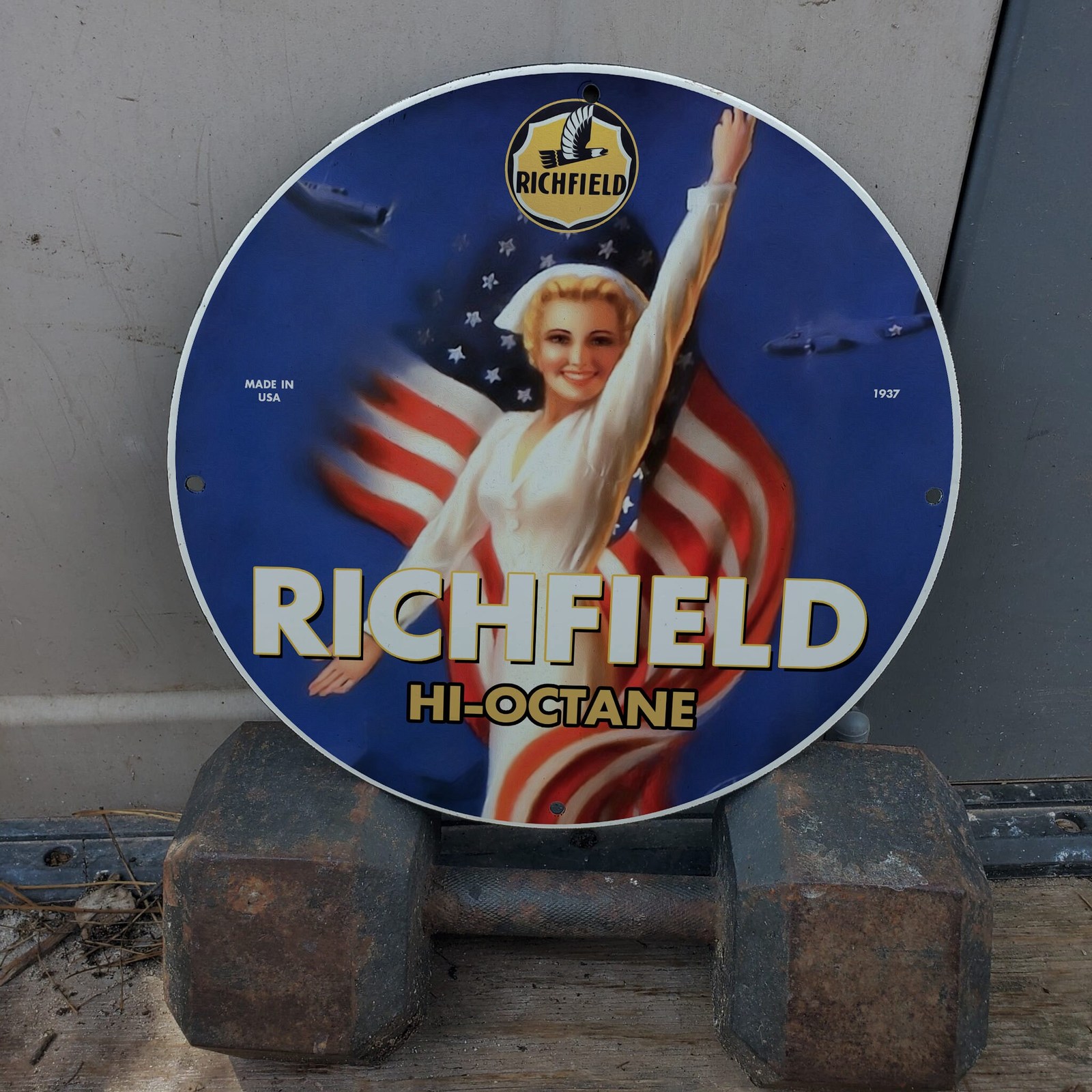 Vintage 1937 Richfield Hi-Octane Gasoline Fuel Porcelain Gas & Oil Pump ...