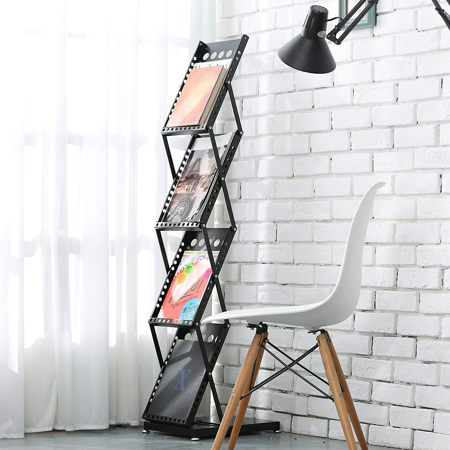 Modern Folding 4 Tier Metal Magazine Rack, Freestanding Literature
