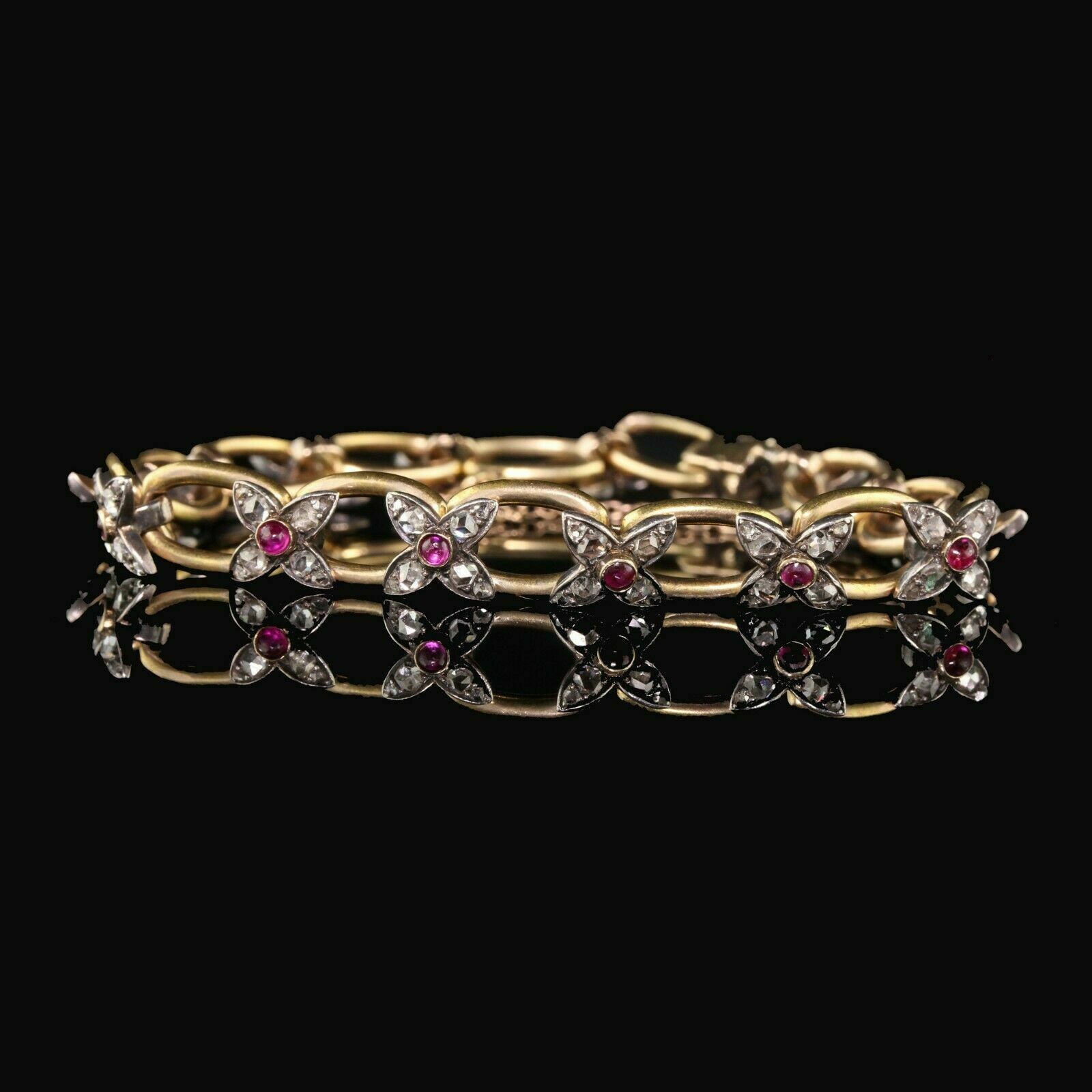 Antique Victorian 18K Two Tone Gold Over Round Diamond and Ruby Bracelet 4.85Ct