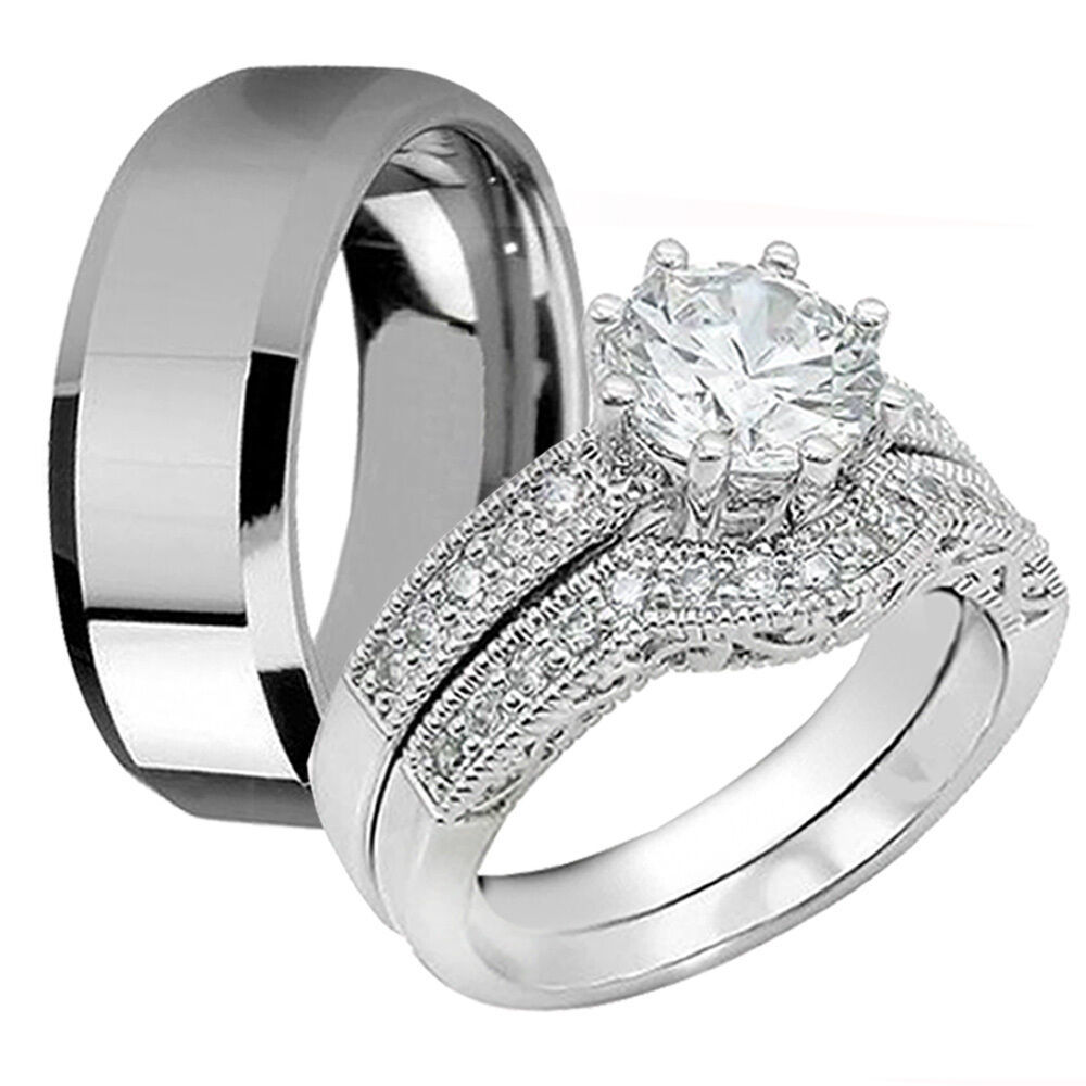 3 Pc His Stainles Steel Hers Sterling Silver CZ Wedding Engagement Ring Band Set